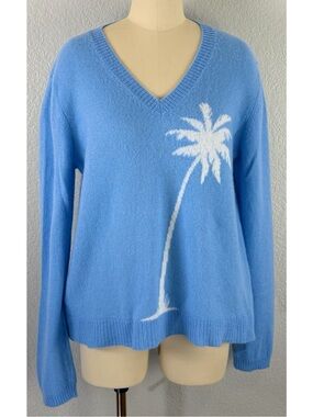 Alashan Women's Light Blue Cashmare V-Neck Knit Sweater with Palm Tree Motif XL